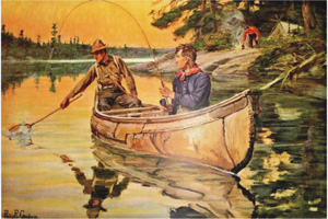 [2 canoe fishermen, one camper on shore]